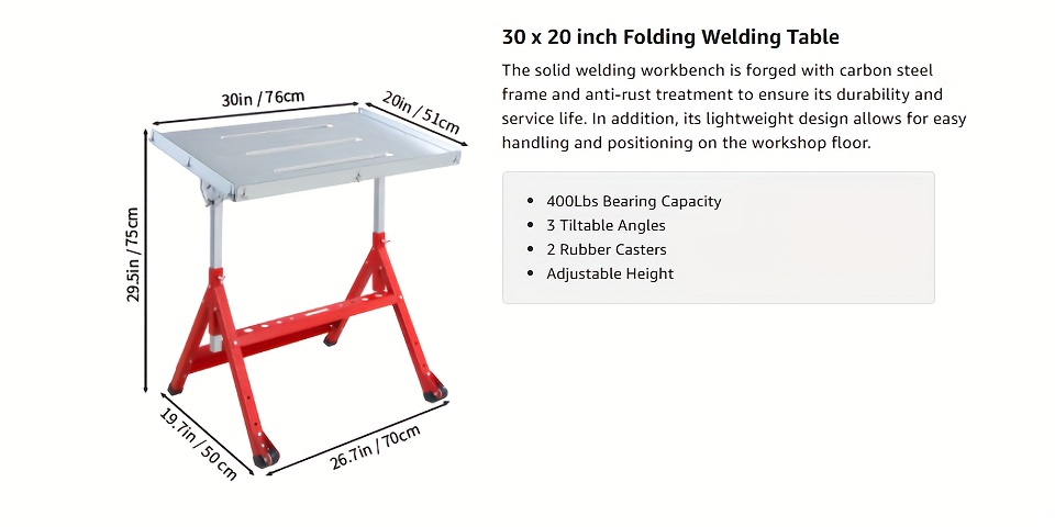 Steel Workbench with Wheels, Portable Welding Table Height-Adjustable 30"x20" Heavy Duty Steel Work Table for Garage Workshop