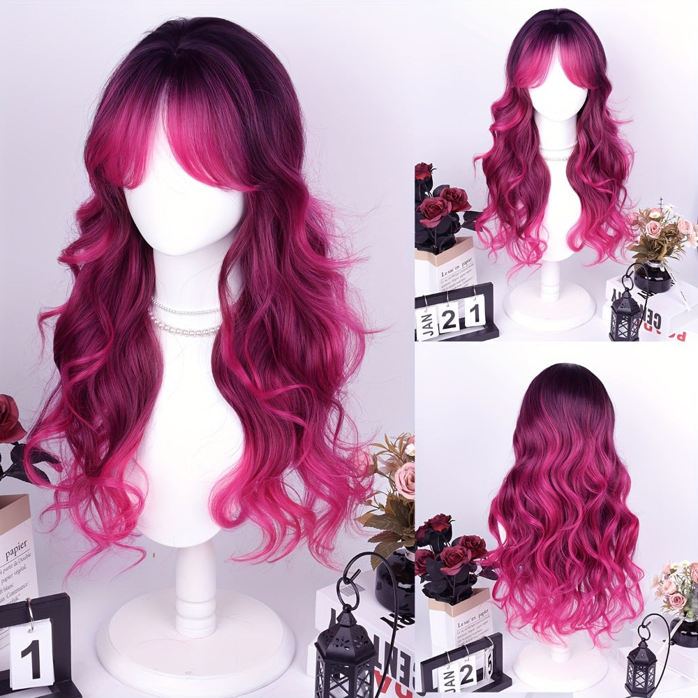 Synthetic Wig 28-Inch Rose-Red Gradient Waves with Air Bangs, 150% Density and Rose Net Cap — image 7
