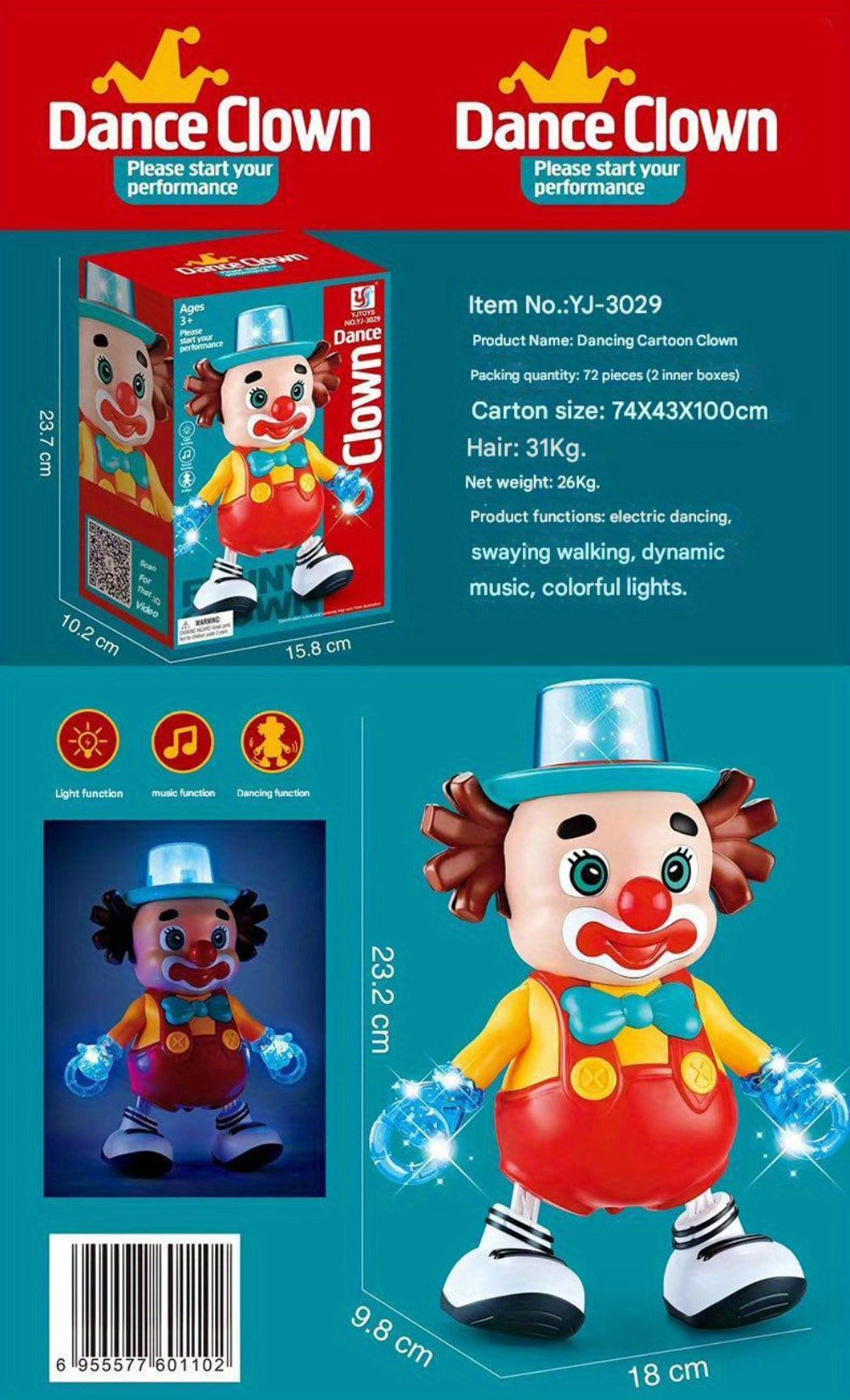 Dancing Clown Toy Doll with Light & Music, Swinging Fidget Toy for Kids Boys & Girls, Funny Weird Halloween Decoration — imag