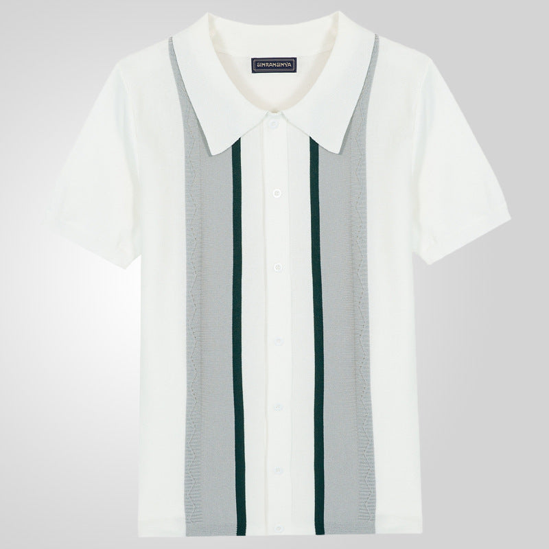 Summer New Men's Knitted Lapel Casual Striped Polo Shirt