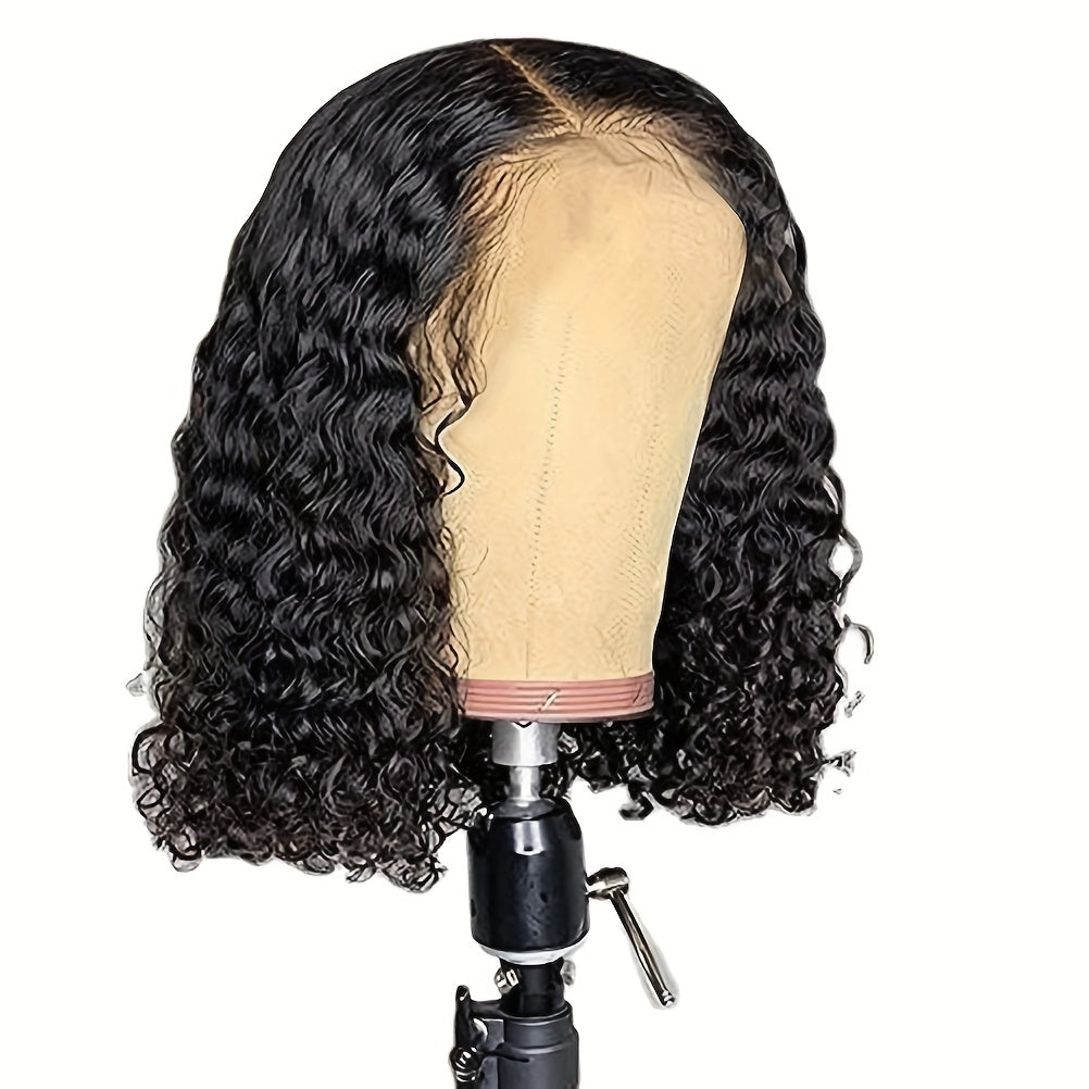 Short Water-Wave Synthetic Lace-Front Bob Wig with Deep Curls, Black Color and 14-Inch Length — image 1