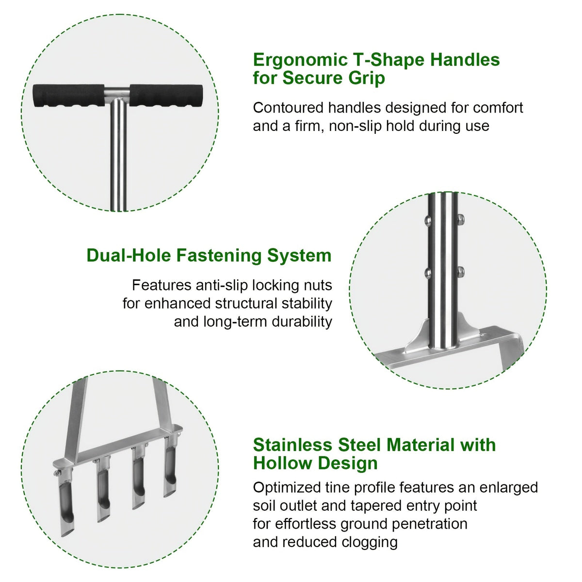 Four-Tine Manual Lawn Core Aerator in Black with T-Handle, Foot Bar and Hollow Plugging Tubes — image 5