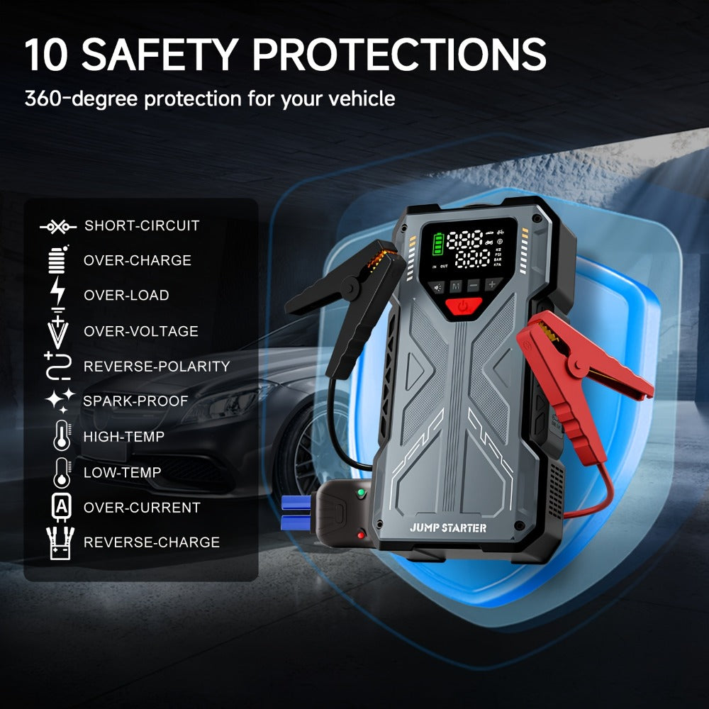 Portable Jump Starter 9-in-1 with Air Compressor – 12V Car Battery Booster for 8.0L Gas & 6.5L Diesel, USB-C, LED Emergency L