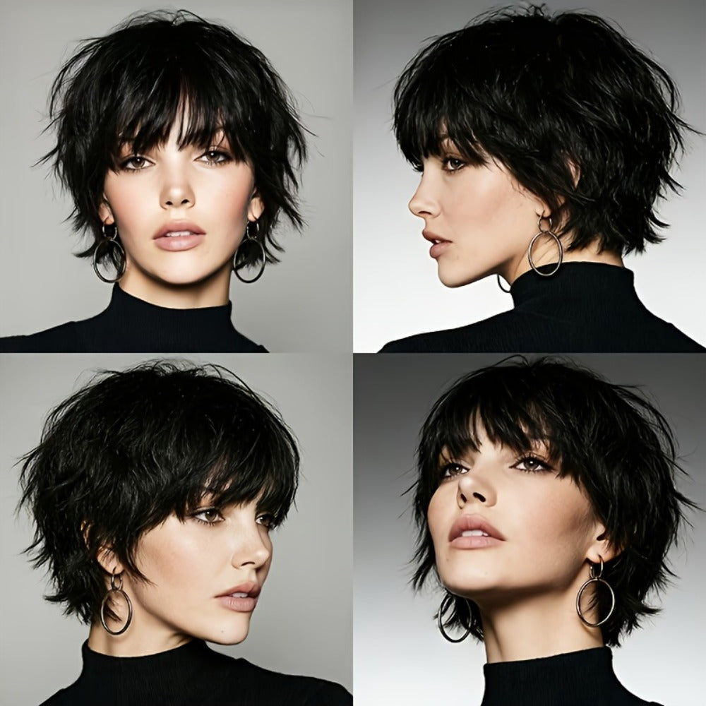 Pixie Cut Wig Human Hair with Bangs Glueless Short Brazilian Layered Machine Made Throw-On-and-Go Hairpiece Natural Black 1B 