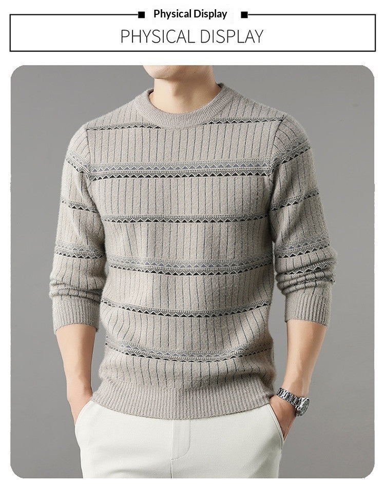 Mens Knitted Fleece-lined Thick Crew-neck Faux Mink Sweater