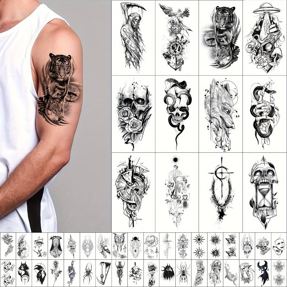 Temporary Tattoos GLARYYEARS 48-Piece Black Skull, Snake and Dark Art Set with 12 Large and 36 Small Sheets — image 6