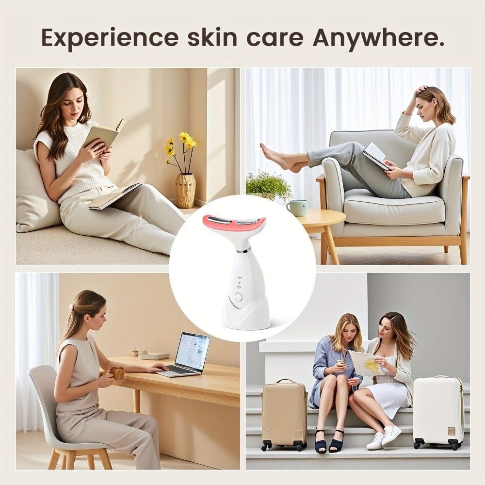LED Neck Massager 7-Color Light Therapy Vibrating Face & Neck Device, USB Rechargeable Portable Electric Facial Massage Tool 