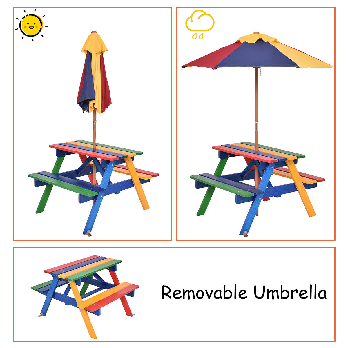 Kids Picnic Table Set with Umbrella Wood Table Bench Set for Toddlers Seats with the Listed Color, Size or Set Options for Ev