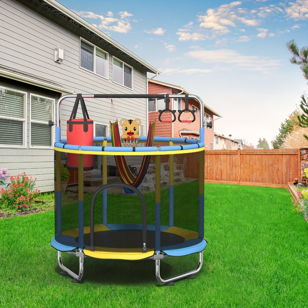 60 Inch Trampoline with Enclosure and Gymnastics Bar, Height Adjustable Indoor Outdoor Round Trampoline with Toys for Kids — 