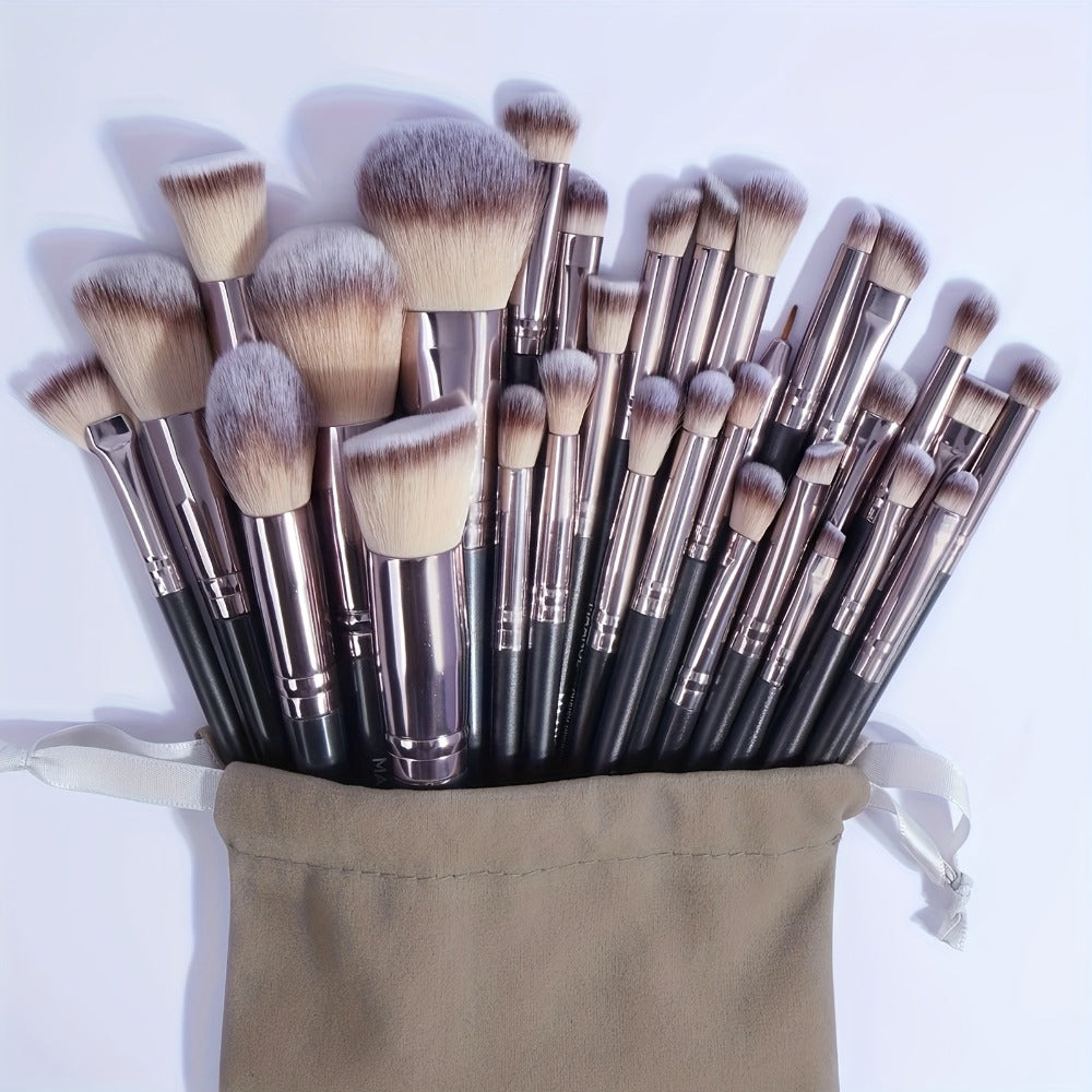 Makeup Brush Set, 30-Piece Nylon Bristle Collection with Alloy Handles, Face and Eye Brush Shapes and Storage Pouch — image 2