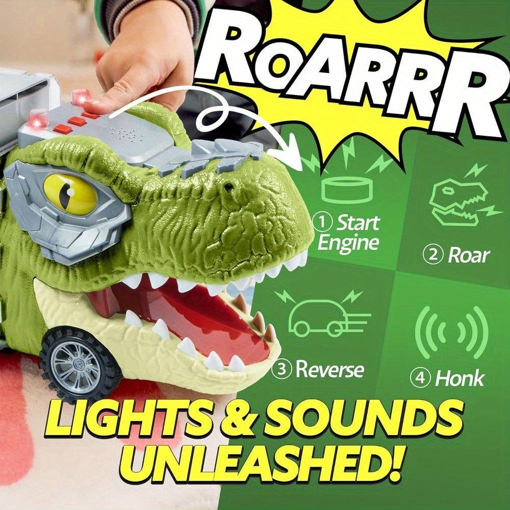 Dinosaur Truck Toy Set 13 PCS, Transport Carrier Truck with Lights & Sounds + 8 Pull-Back Cars + 3 Die-Cast Dino Vehicles + H
