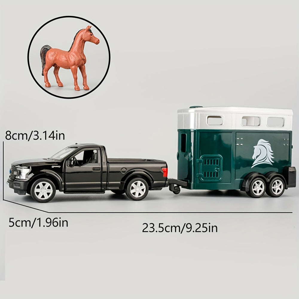 RMZCity 1:36 Scale Zinc Alloy Pull Back Car with Horse Trailer & Horse Vehicle, Openable Doors Diecast Toy Set for Kids & Adu
