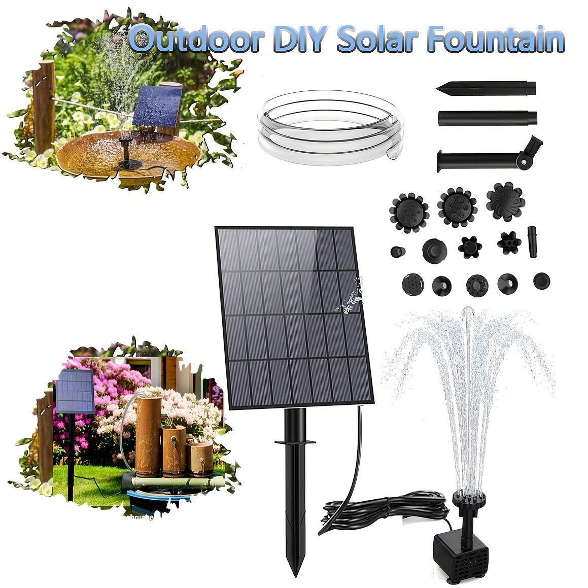 LED Solar Fountain Pump with 10W Separate-Panel and Round Disc Options, Eight Lights and Spray Fittings — image 2
