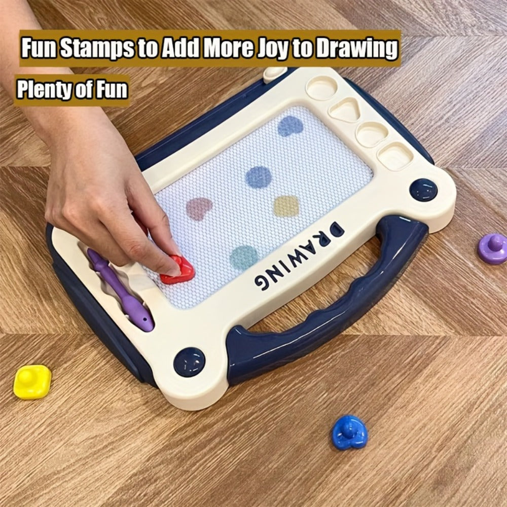 Portable Kids Magnetic Drawing Board with Four Shape Stamps, Tethered Stylus, Carry Handle and Slide Eraser — image 4