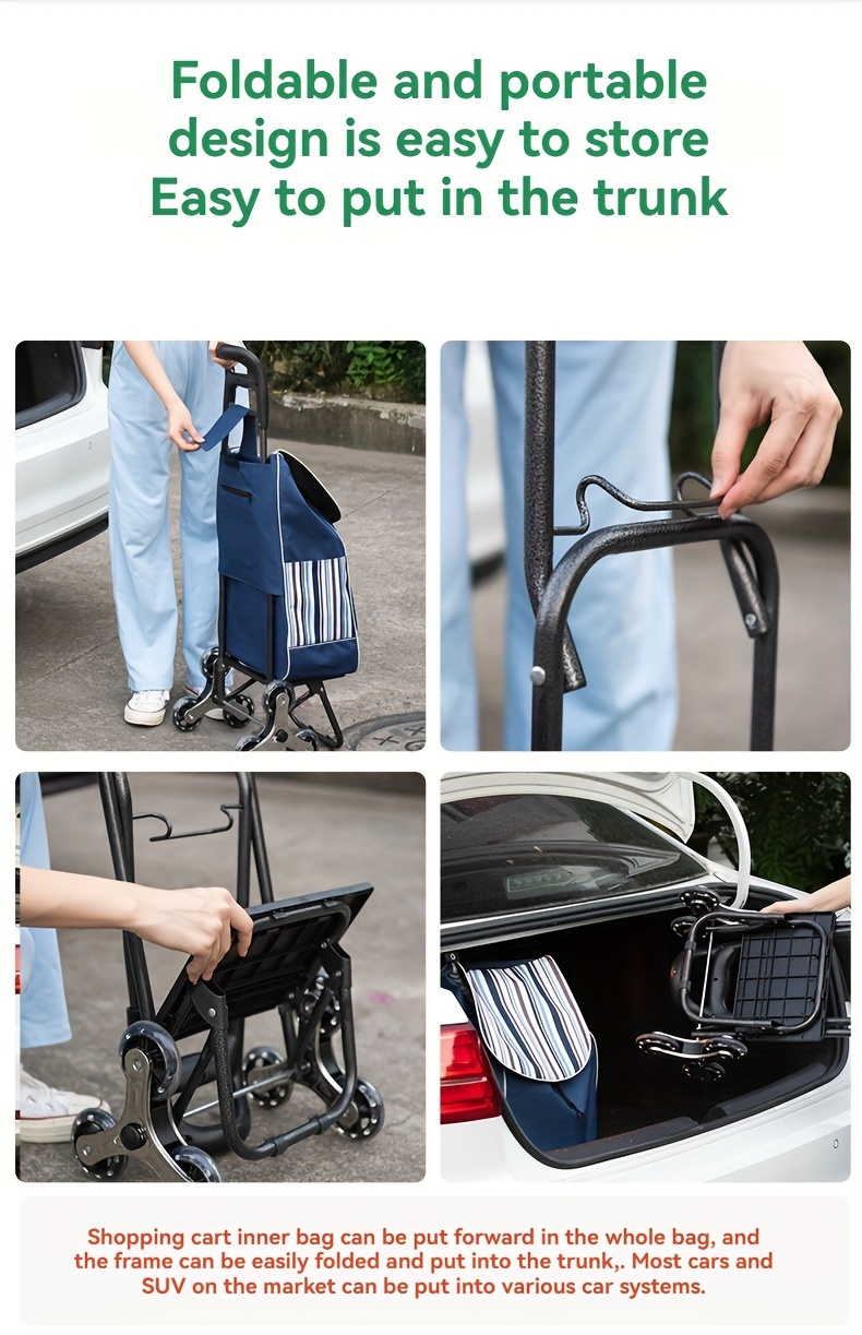 Stair Climbing Shopping Cart with Detachable Hand Truck, Foldable Grocery Trolley with Spacious Polyester Bag for Home Market