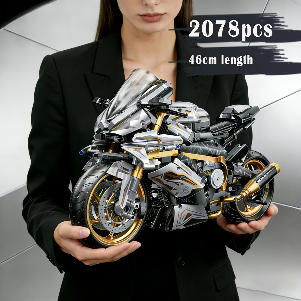 Motorcycle Building Blocks Model Kit 1:5 Scale 2000+ Pieces, Platinum Gold & White Collectible Brick Motorbike Display Set — 