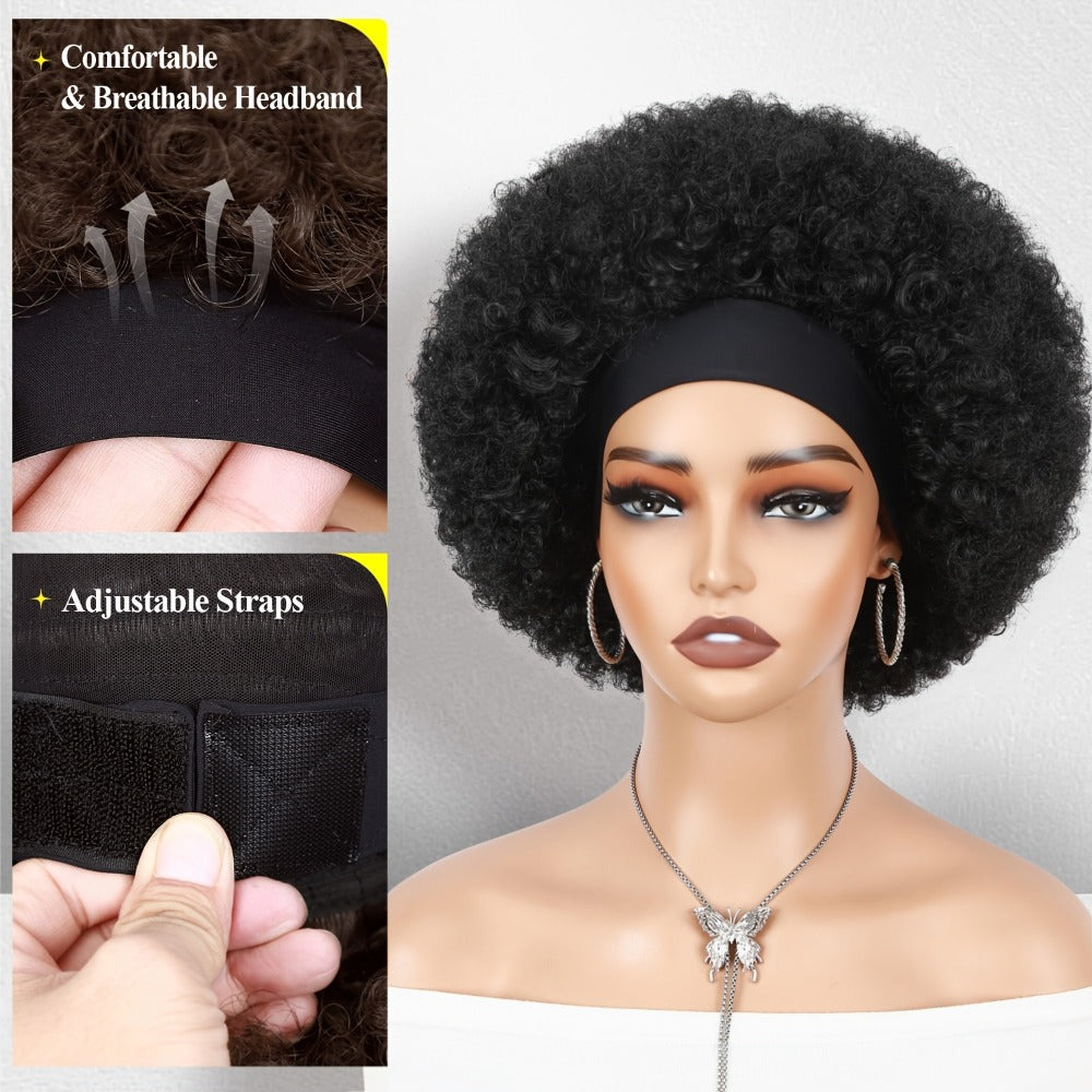 Afro Curly Headband Wig for Women Short Kinky Curly 180% Density – No Lace No Glue Synthetic Wig with Attached Headband, Heat
