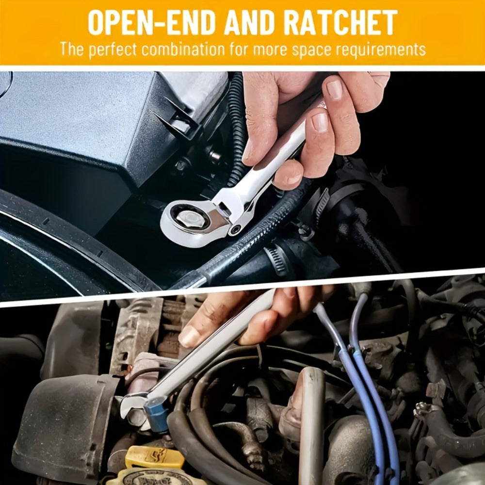CR-V Flex Head Ratchet Wrench Set 5-Piece – 2-in-1 Reversible Open End & Hex Socket Dual-Purpose Kit | Automotive Engine Bay,