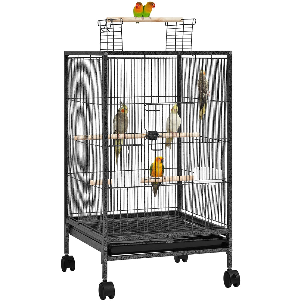 Bird Cage with Rolling Stand Open Top 31 Inch Wrought Iron Black – Slide Out Tray Feeder Doors, for Everyday Bird and Small A
