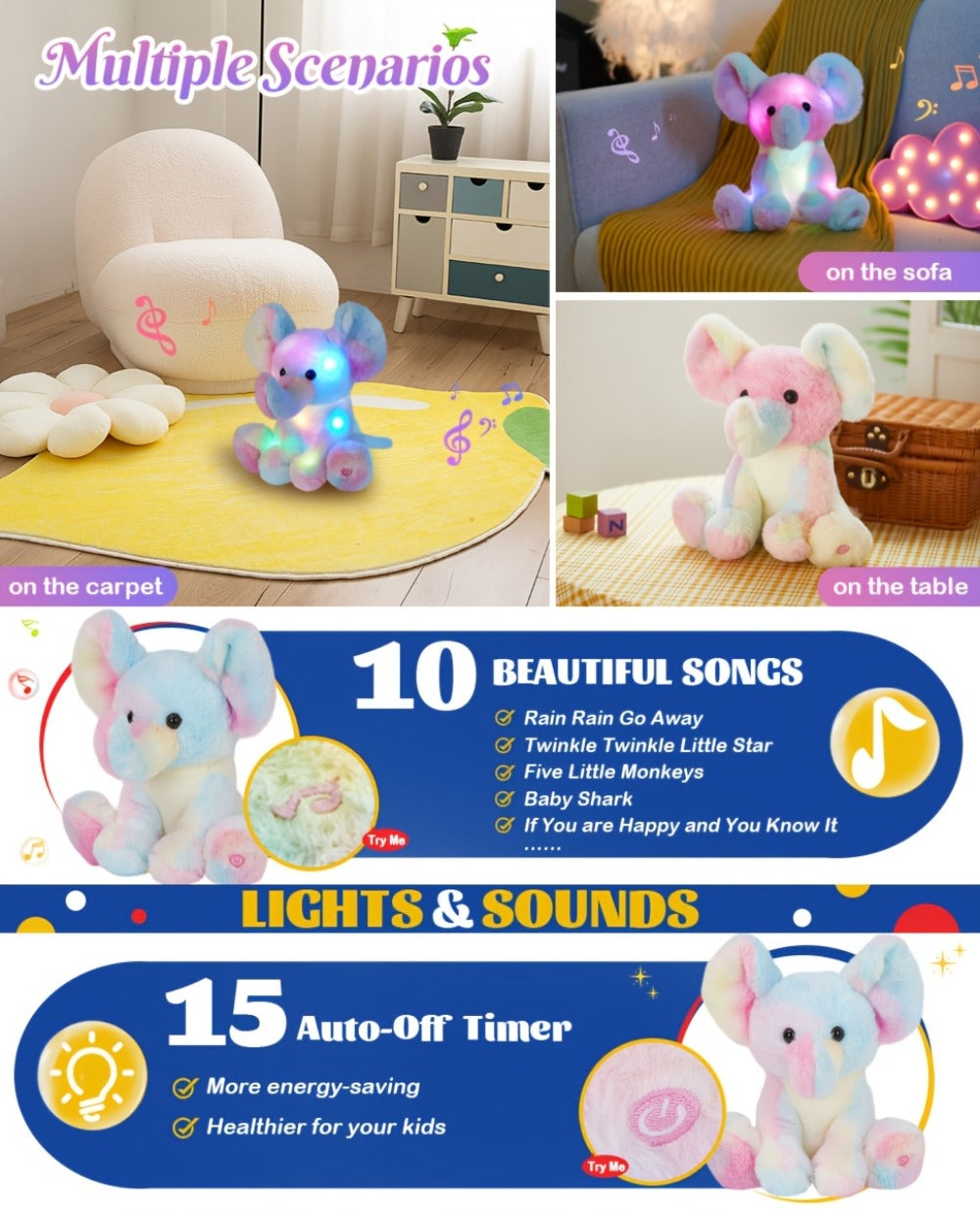 Plush Toy Rainbow Elephant 12-Inch Light-Up Design with Optional Music for Colorful Room Display — image 9