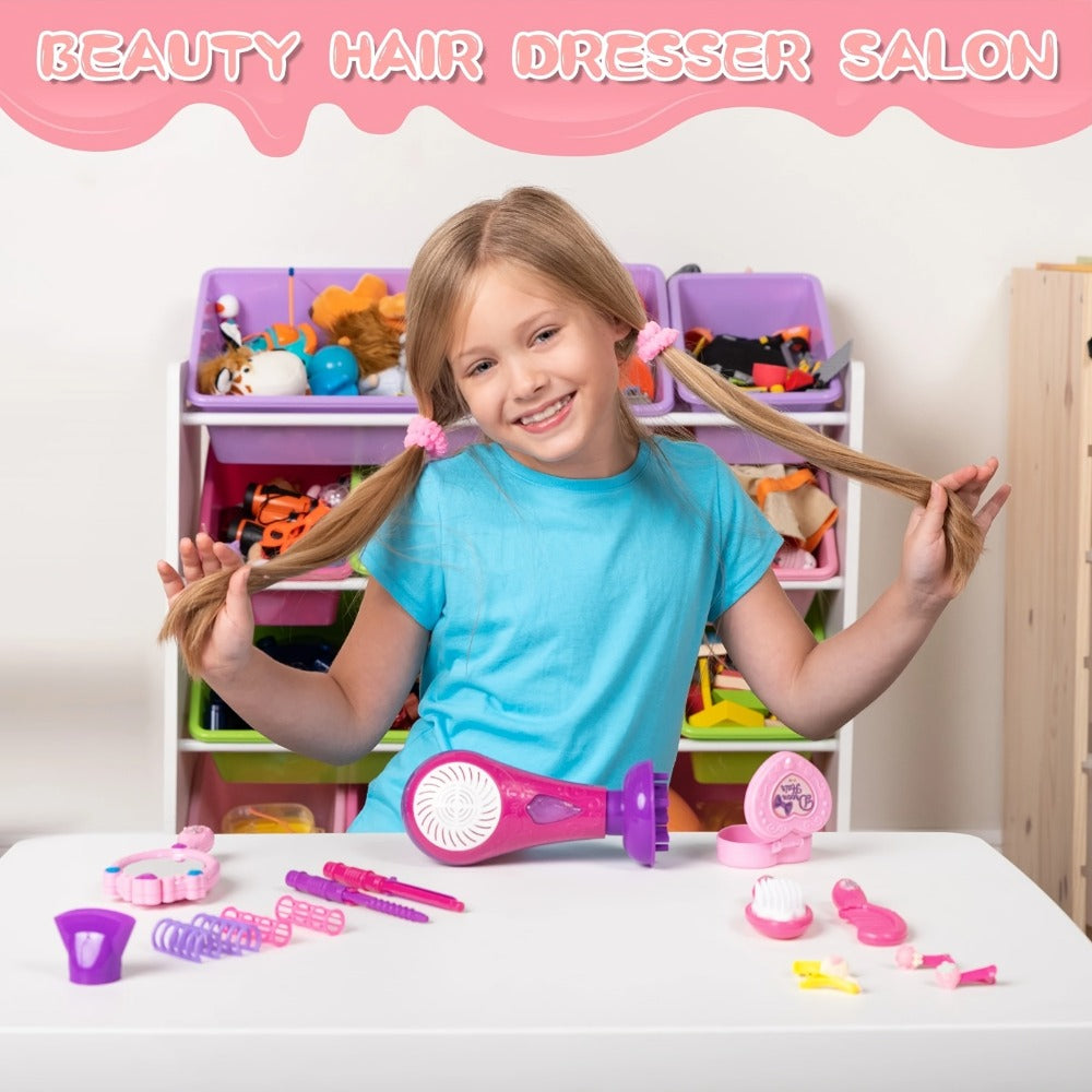 Girls Beauty Salon Toy Set 17 PCS, Pretend Play Hair Stylist Kit with Working Hairdryer Mirror Curling Wands Combs Clips & Je