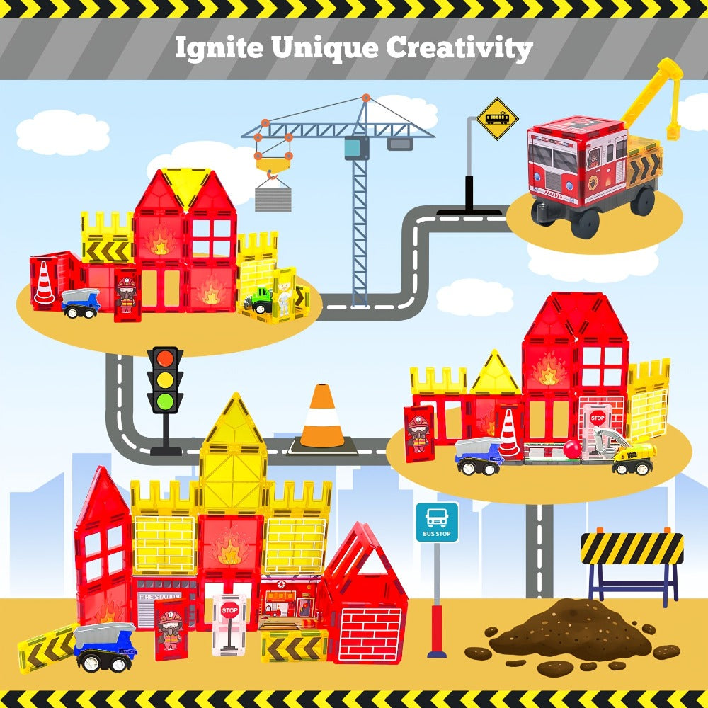 Magnetic Tiles 56-Piece Fire Station Building Set with Road Panels, Crane, Ramps and Vehicle Pieces — image 4
