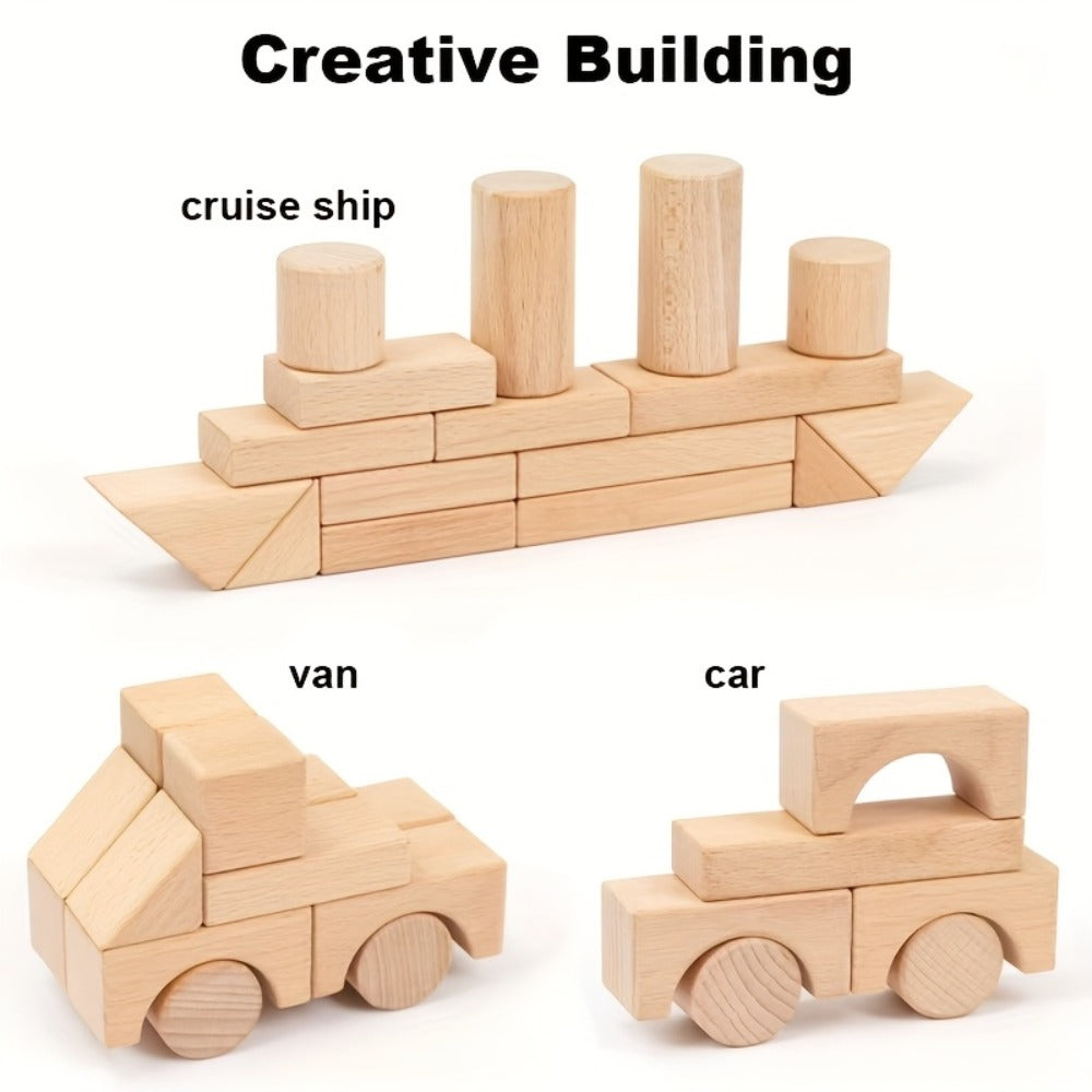 Natural Beech Wood Blocks 100 Piece Unpainted Solid Wooden Building Set, STEM Logical Thinking Toy for Kids Ages 3-12 — image