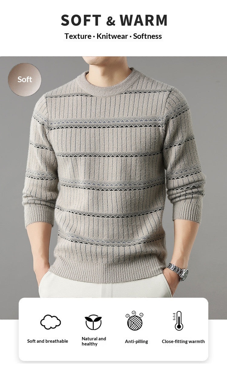 Mens Knitted Fleece-lined Thick Crew-neck Faux Mink Sweater