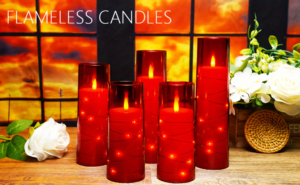 Flameless LED Candles with Remote Control Timer and Star String Lights Set of 5 or 7 Pillar Candles for Wedding Garden Home D