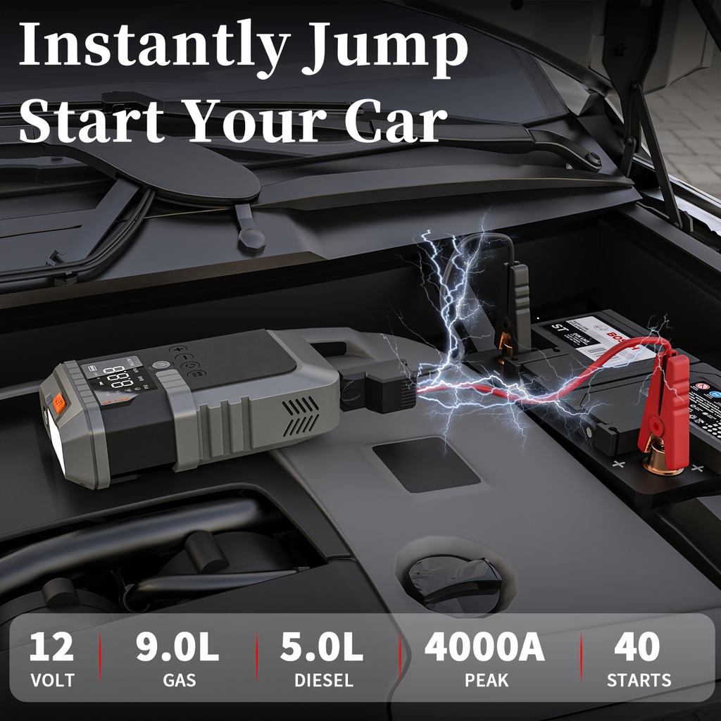 Jump Starter Power Bank 10000A 4-in-1 with 150 PSI Air Compressor LED Emergency Light USB Charging for Garden, Patio and Yard
