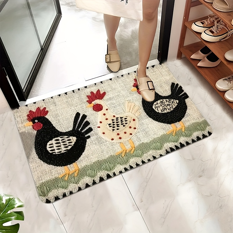 Rooster Print Door Mat with Light Striped Field and Fringed-Look Border in Three Rectangles or One Runner — image 8