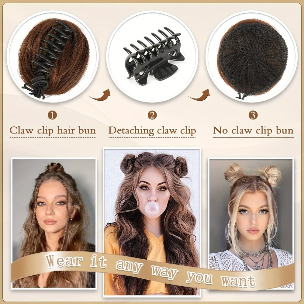 Mini Donut Bun Hairpiece with Cat Ears Claw Clip Messy Bun Synthetic Fiber Instant Updo – 2 Pcs Set for Women Girls All Hair 