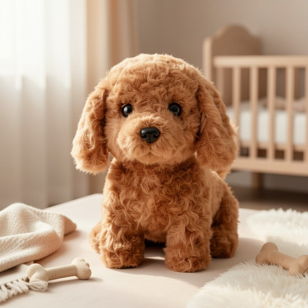 Electronic Plush Puppy Toy Walks Barks Wags Tail, Realistic Robotic Teddy Poodle Dog Stuffed Animal with Gift Box for Kids To