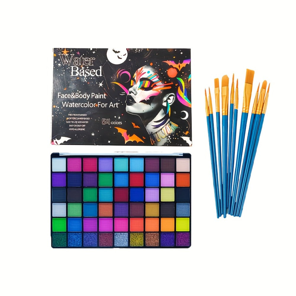 54 Color Face & Body Paint Kit with UV Fluorescent, Matte & Glitter Shades, Pattern Templates, Brushes & — image 4