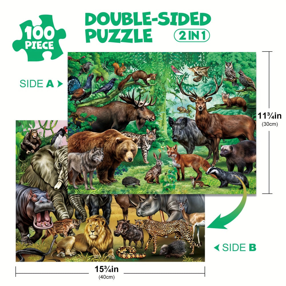 Double Sided Puzzle for Kids 100 Pieces Jungle Animals, 2-in-1 Jigsaw Educational Toy for Boys & Girls Ages 3 4 5 6 7 8 — ima