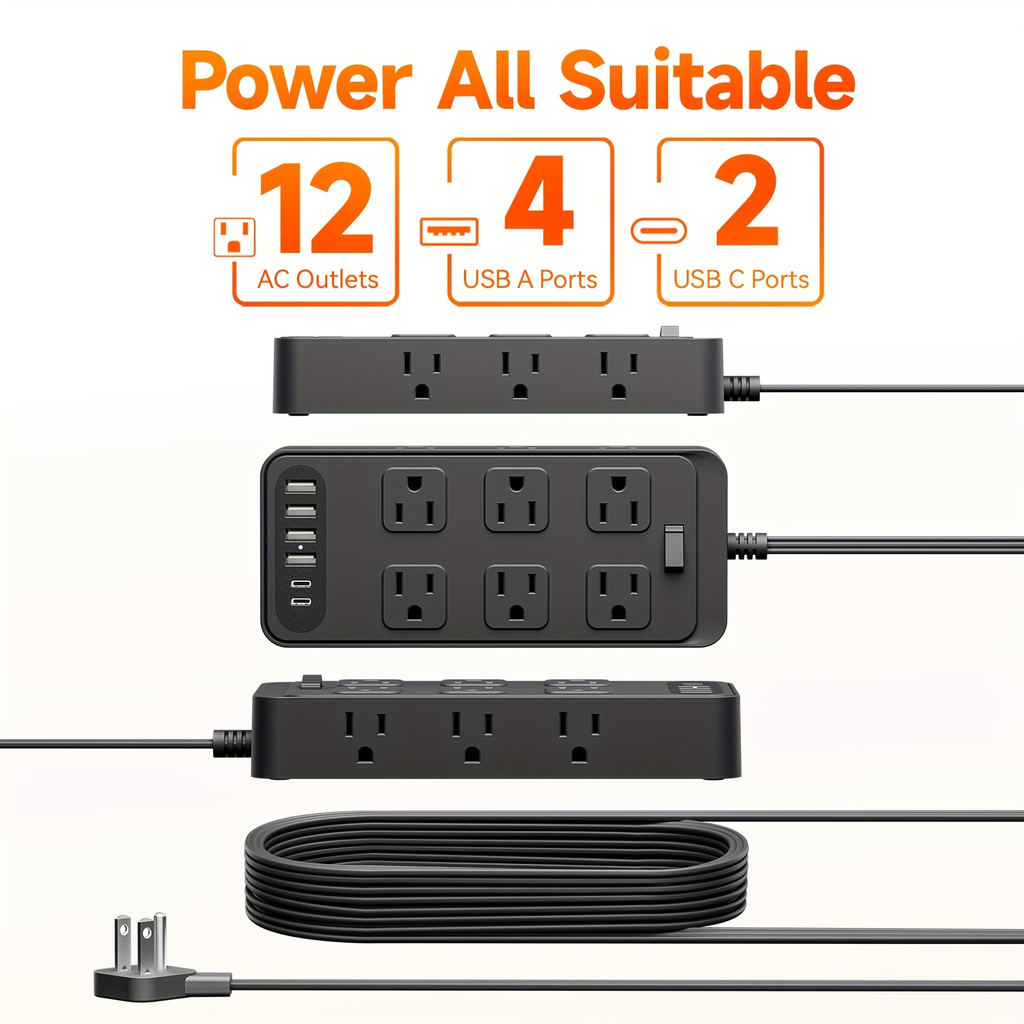Charging Station 18-in-1 Power Strip Surge Protector 12 AC Outlets 6 USB Ports 4 USB-A 2 USB-C for an Everyday Personal Care 