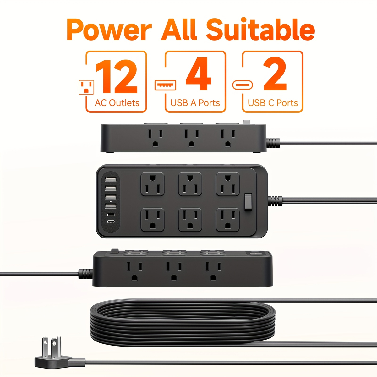 Charging Station 18-in-1 Power Strip Surge Protector 12 AC Outlets 6 USB Ports 4 USB-A 2 USB-C for an Everyday Personal Care 