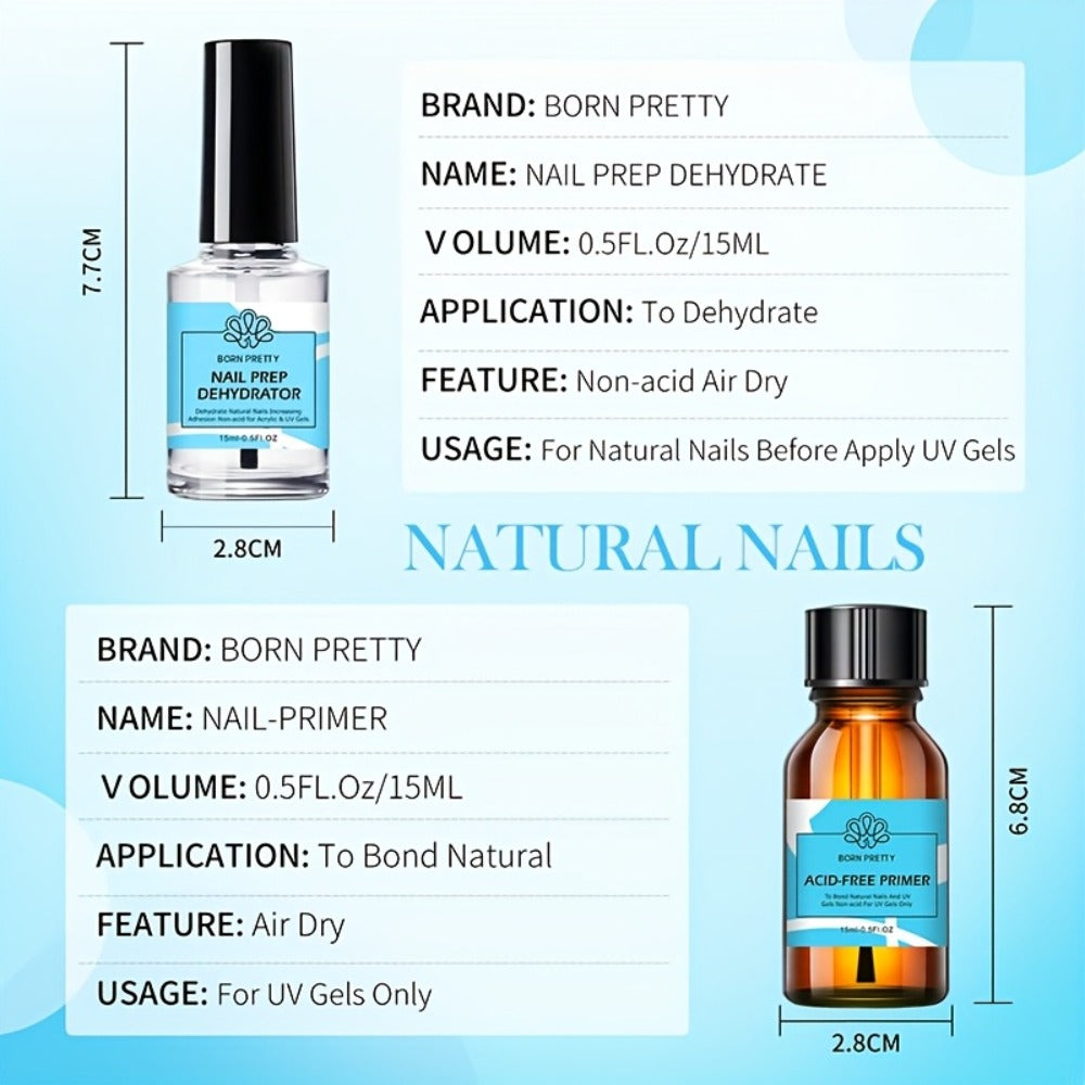 Gel Nail Prep Kit 4-Piece BORN PRETTY – Nail Dehydrator 15ml, Primer 15ml, Base Gel 10ml & Super Top Coat 10ml for Semi-Perma