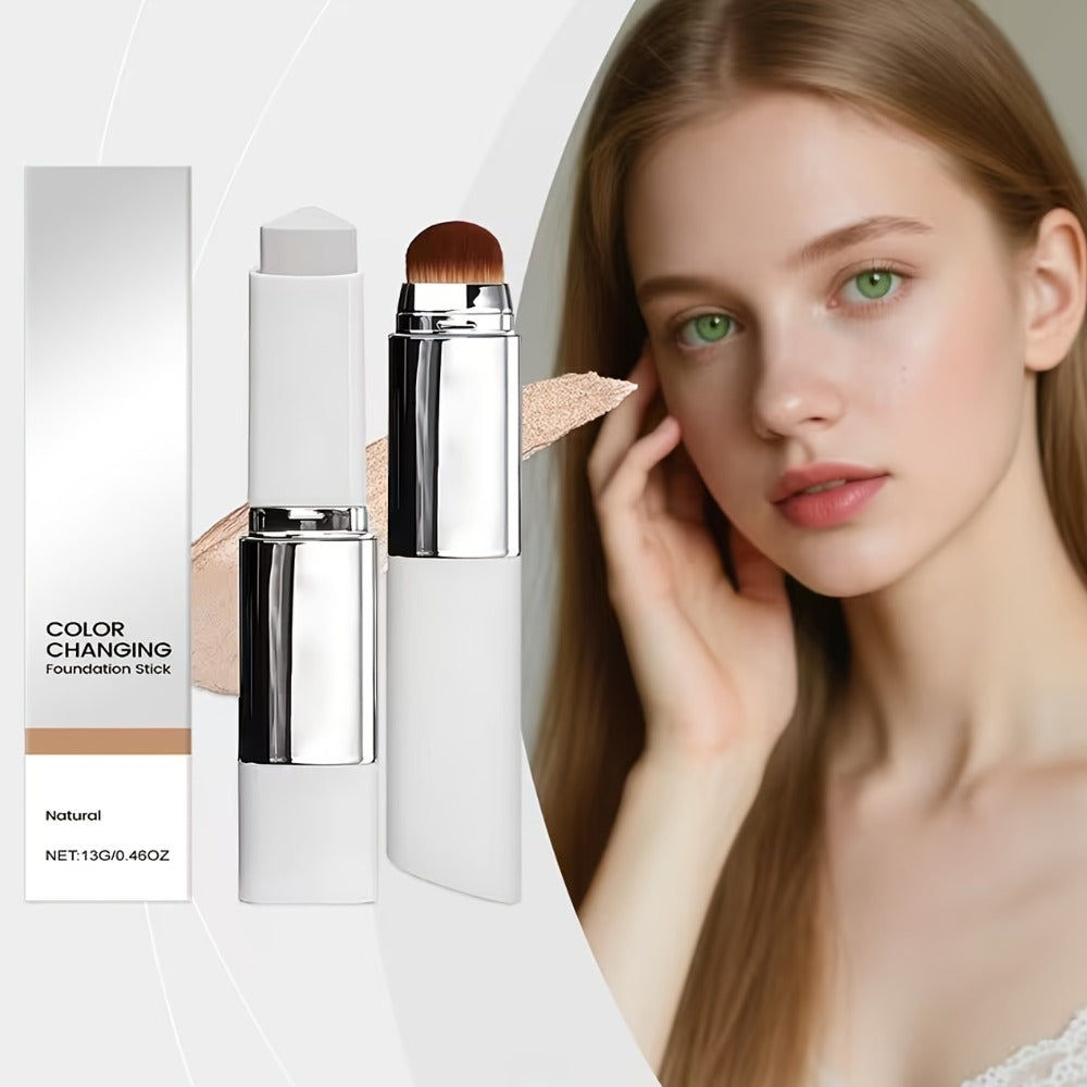 Skin Tone Adapting Color-Changing Foundation Stick 2-Piece with Built-In Brush & Puff – Lightweight Matte Finish Sheer to Bui