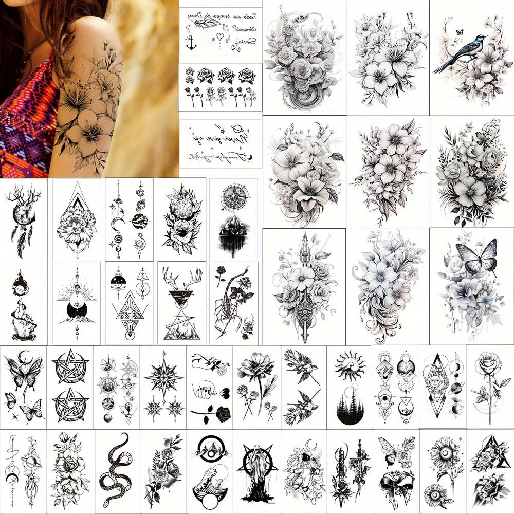Temporary Tattoos GLARYYEARS 44-Sheet Black Floral, Butterfly and Snake Set with 9 Large and 35 Small Designs — image 2