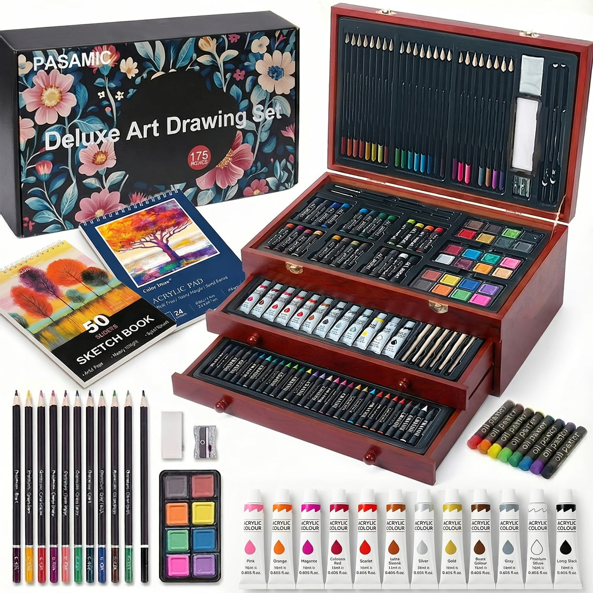 172 Piece Deluxe Art Set in Wooden Case with 2 Drawing Pads Crayons Acrylic with the Listed Color, Size or Set Options for Ev