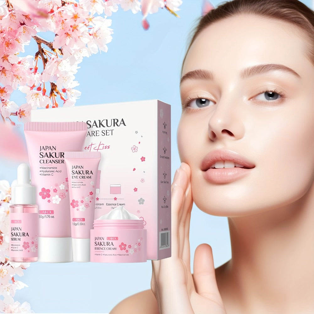 4-Piece Sakura Skincare Gift Set with Cleanser, Serum, Essence Cream and Eye Cream in Coordinated Pink Packaging — image 1