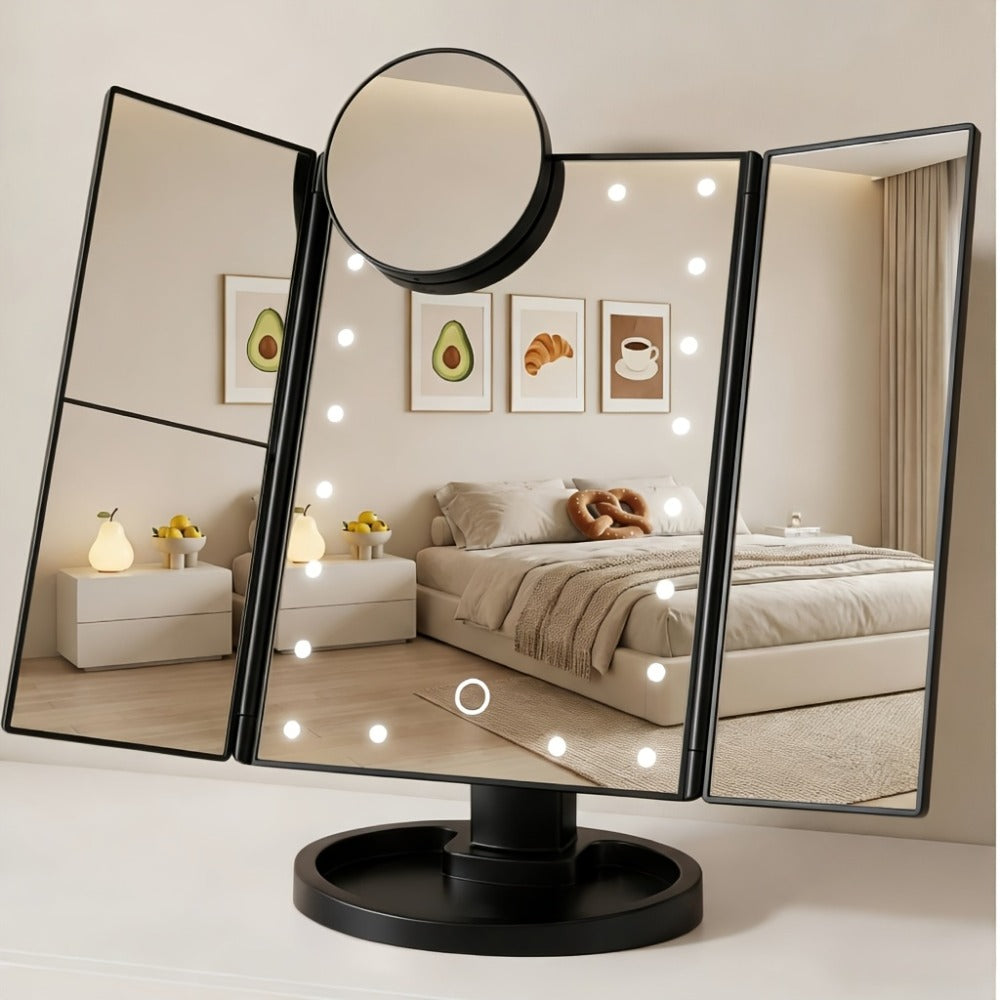 Vanity Mirror with Lights Tri-Fold 21 LED Lighted Makeup Mirror Touch Control 1X 2X 3X 10X Magnification 360 Rotation Dual Po