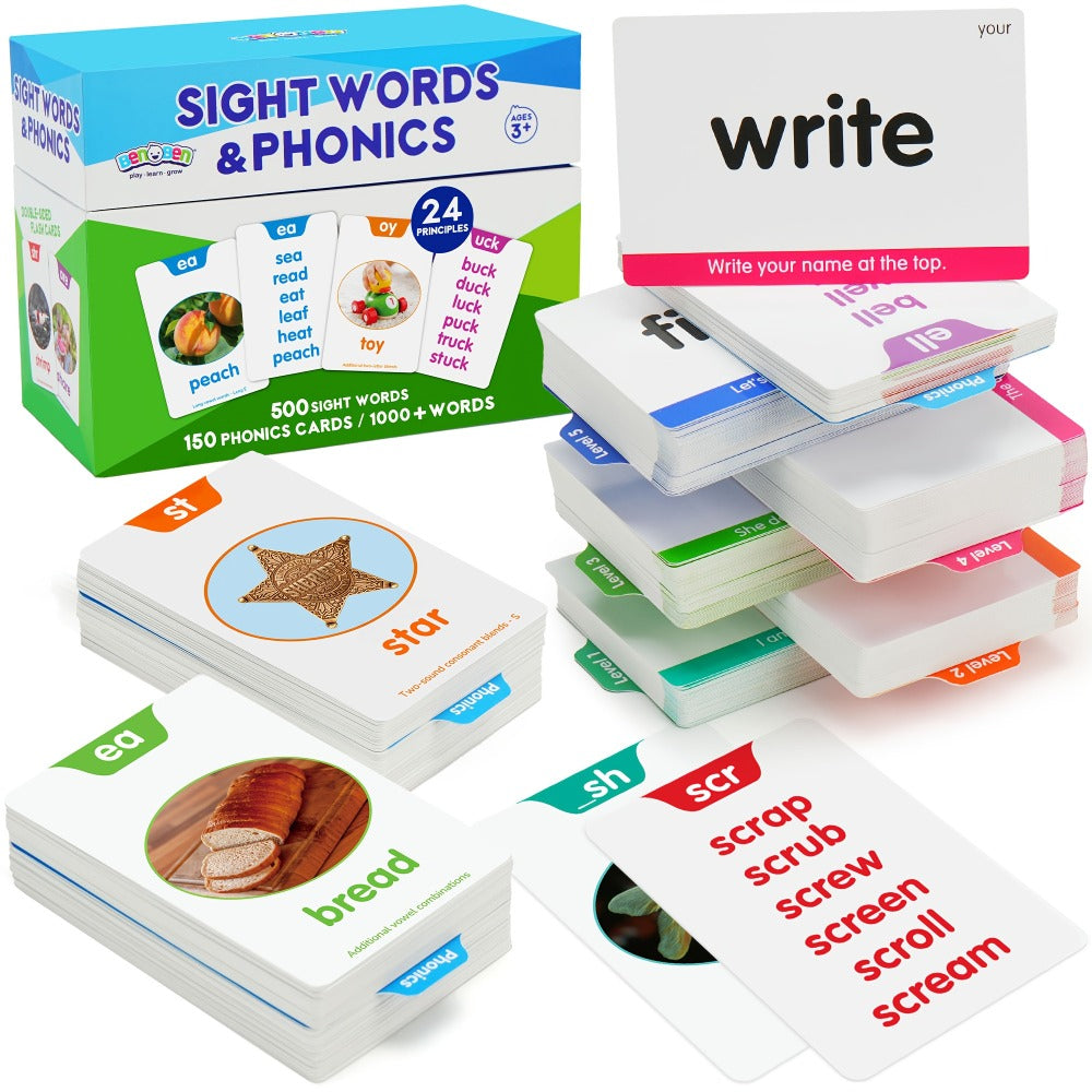 Sight Words Flash Cards 500 Cards & 150 Phonics Cards Set 1000+ Dolch Fry High Frequency Words CVC Blends Long Vowels | Learn