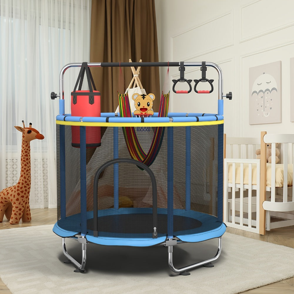 60 Inch Trampoline with Enclosure and Gymnastics Bar, Height Adjustable Indoor Outdoor Round Trampoline with Toys for Kids — 