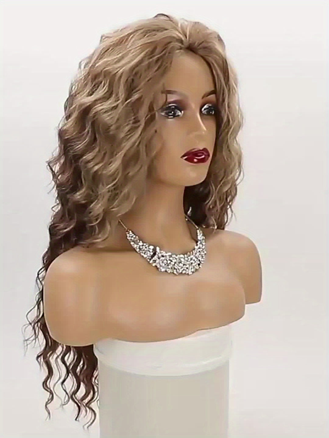 Synthetic Wig 30-Inch Long Curly Waves with Dark Roots, Middle Part and Three Ombre Colors — image 9
