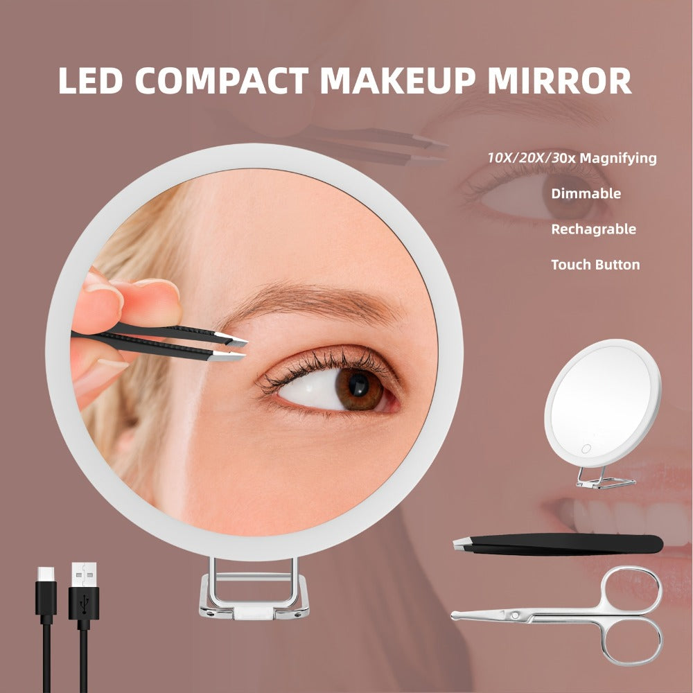 30X LED Magnifying Mirror Rechargeable 6-Inch Lighted Handheld Pocket Mirror with Hanging Loop – Portable Travel Vanity Mirro