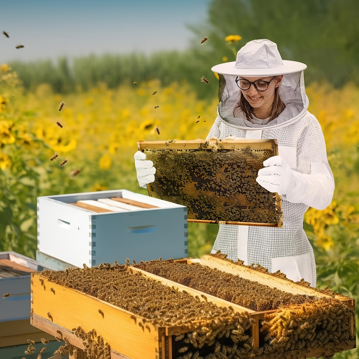 Beekeeping Suit Triple Layer Sting-Resistant Gloves 2 Veils S-3XL for Garden, Patio and Yard Use — image 9