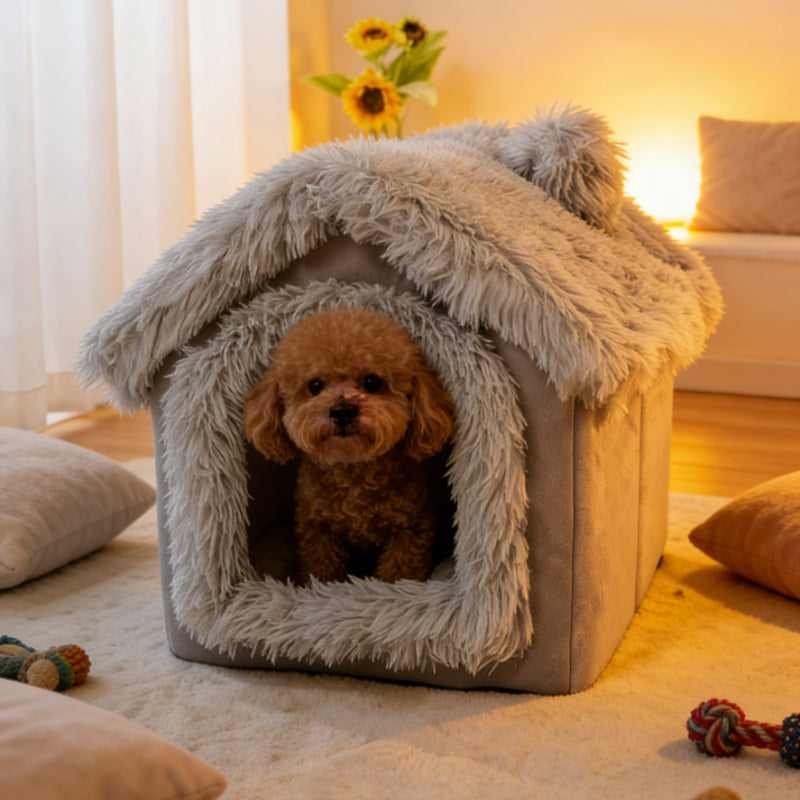 Plush Dog House Cave Bed with Brown-1 Finish, L Size Label and Padded Inner Mat for Indoor Pets — image 4
