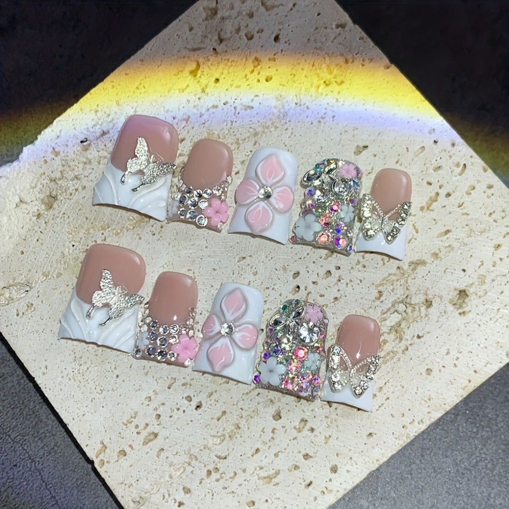 Press On Nails 10-Piece Short Duckbill Set with White French Tips, Golden Butterfly and 3D Carved Flower — image 7